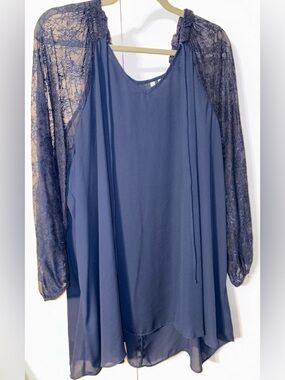 Cato Navy Blue Lace Sleeve Flowing Blouse